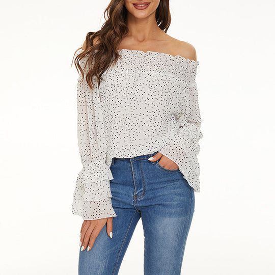 Off-shoulder Casual Long-sleeve Chiffon Top With Polka Dots