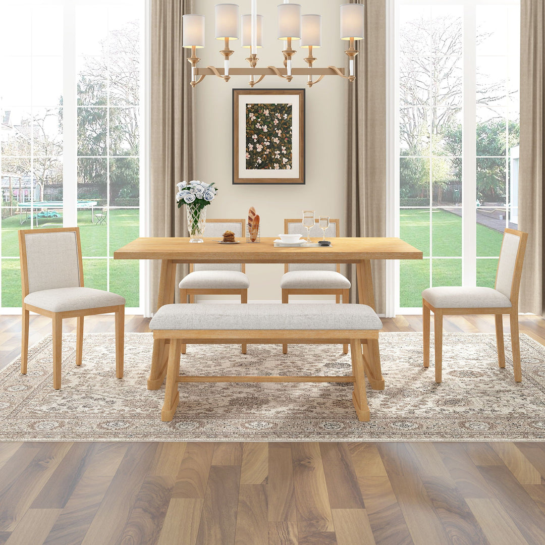 Dining Set With Rectangular Table, 4 Upholstered Chairs &amp; 1 Padded Bench
