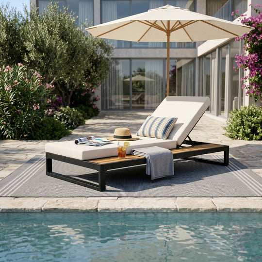 Black Iron &amp; Teak Finish Chaise Lounge Set