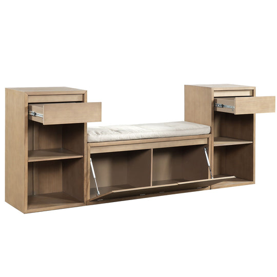 Entryway Storage Bench With Cushion, Drawers &amp; Open Shelves