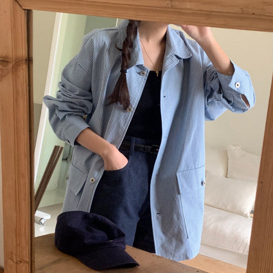 Commuter-style Relaxed-fit Striped Long-sleeve Shirt Jacket