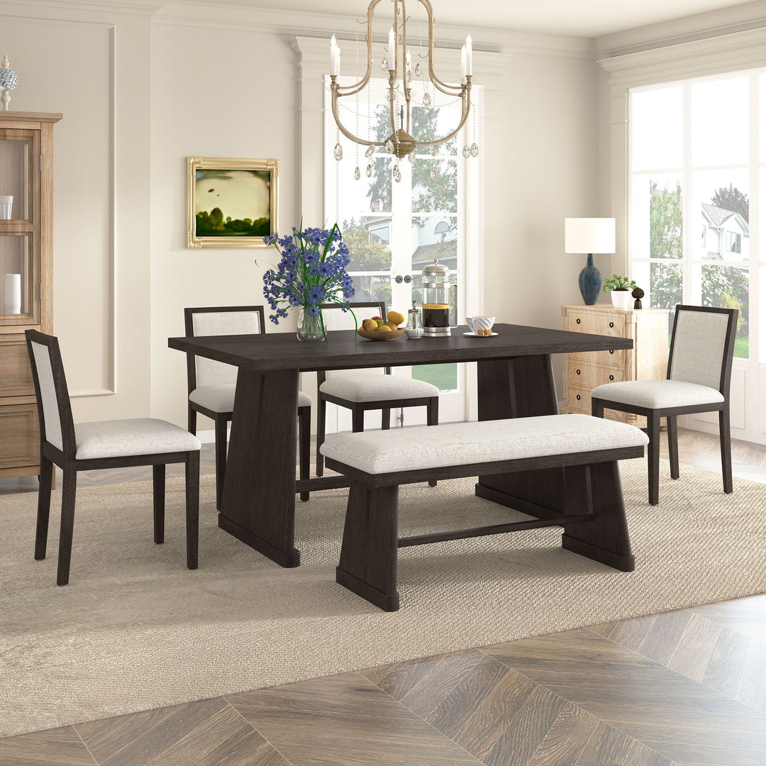 Dining Set With Rectangular Table, 4 Upholstered Chairs &amp; 1 Padded Bench