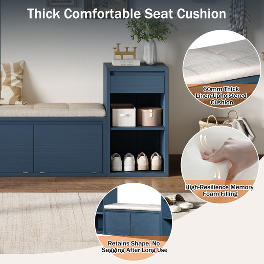 Entryway Storage Bench With Cushion, Drawers &amp; Open Shelves