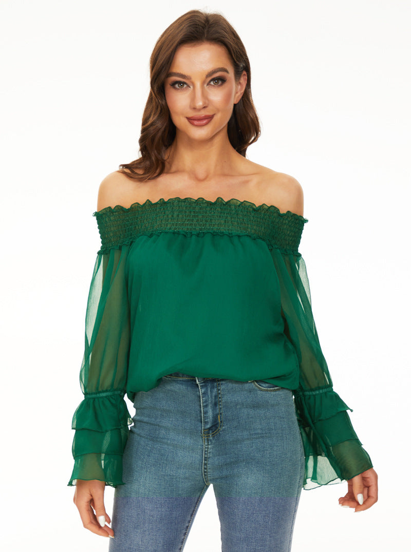 Off-shoulder Casual Long-sleeve Chiffon Top With Polka Dots