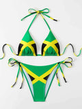 Jamaica Flag Print Women's Triangle Bikini Set - Halter Top & High Cut Bottom